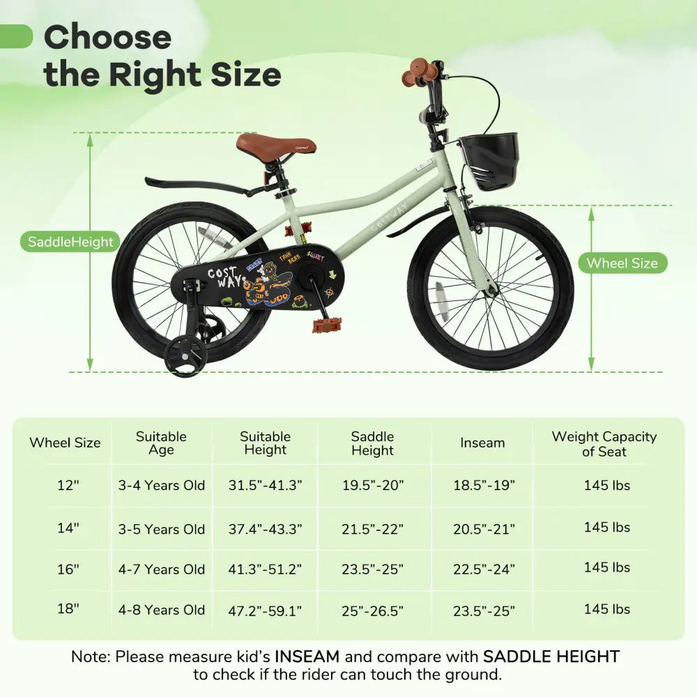 18-Inch Kids Bike Adjustable with Training Wheels for 4-8 Years Old - Green - Kids Bike