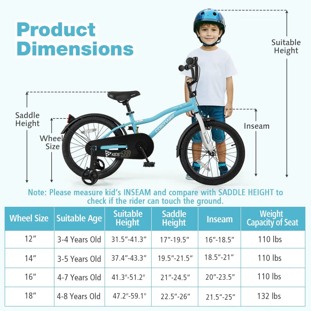 18-Inch Kids Bike for 4-8 Years Old Children Bicycle with Training Wheels - Blue - Kids Bike