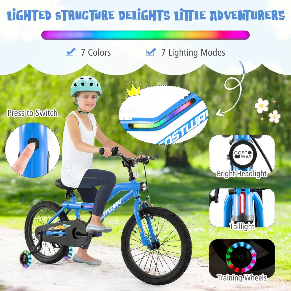 18 Inch Kids Bike LED Lighted Adjustable with Training Wheels for 4-8 Years Old Kids-18 inches - Navy - Kids Bike