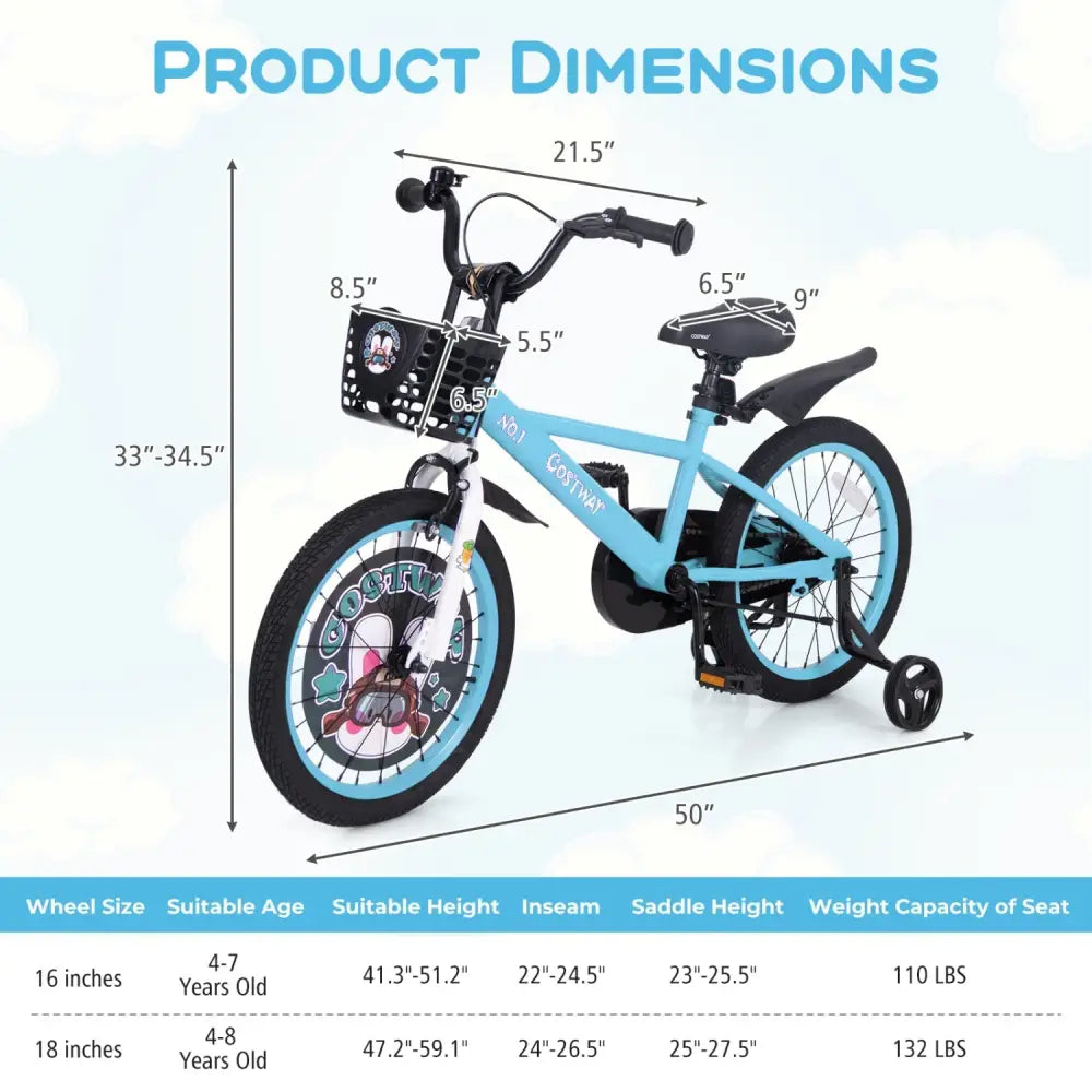 18 Inch Kids Bike with Adjustable Handlebar and Saddle for 4 - 8 Years Old - 18 inches - Oasis Home Essentials