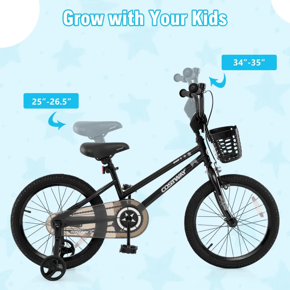 18 Inch Kids Bike with Basket and Training Wheels for Children Aged 4-8 Years Old - Black - Kids Bike