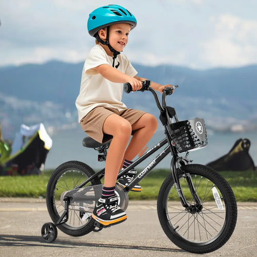 18 Inch Kids Bike with Basket and Training Wheels for Children Aged 4-8 Years Old - Black - Kids Bike
