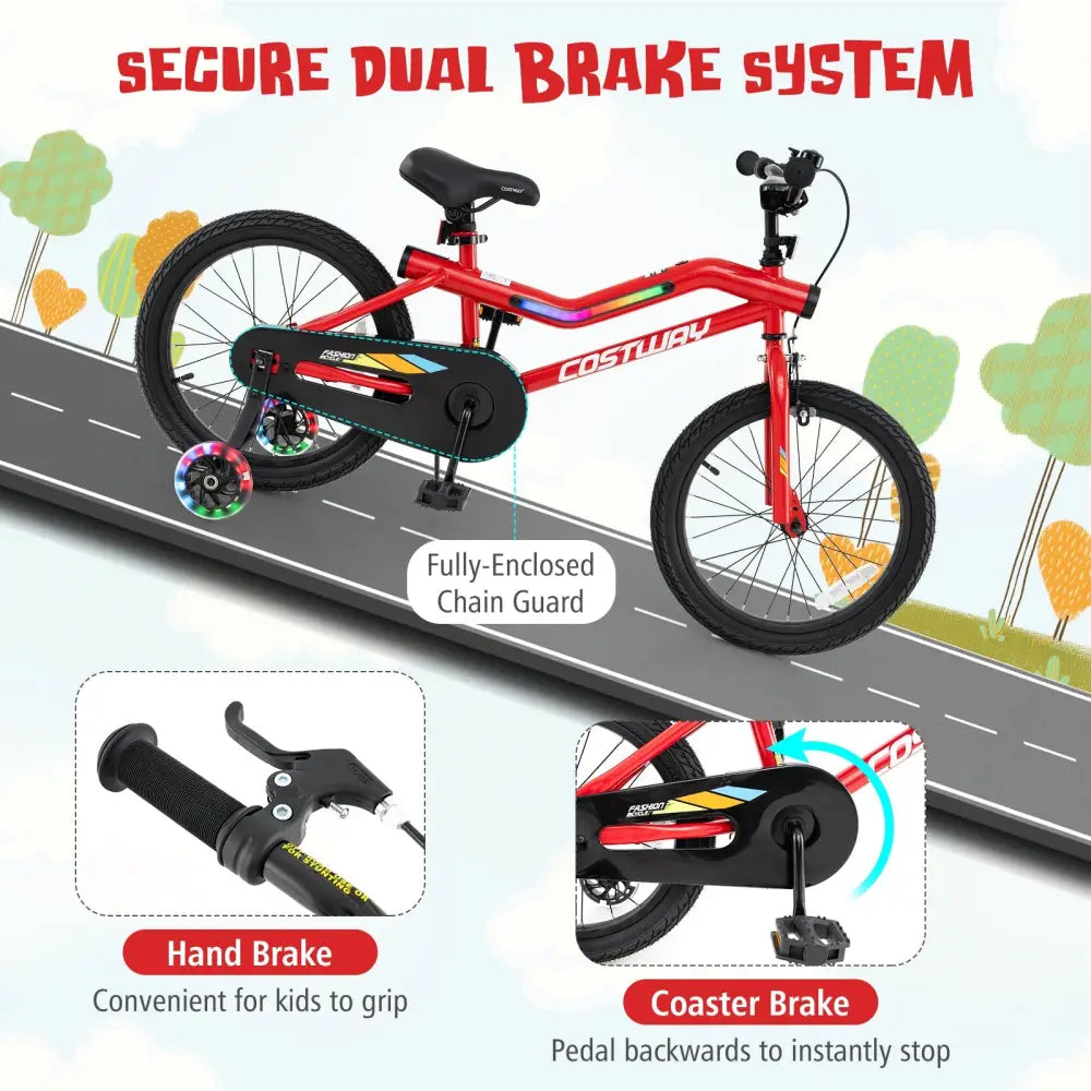 18 Inch Kids Bike with LED Lights Adjustable Carbon Steel Bicycle for 4-8 Years Old-18 inches - Red - Kids Bike