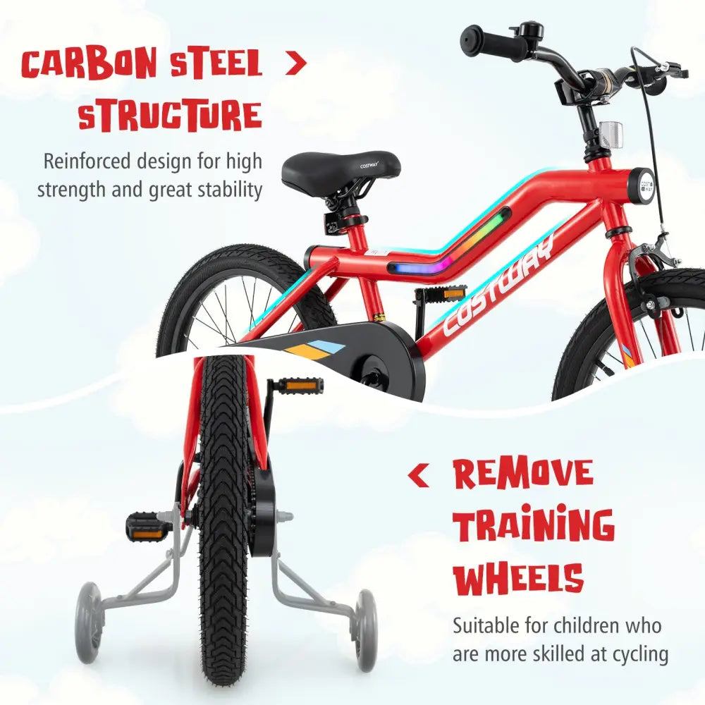 18 Inch Kids Bike with LED Lights Adjustable Carbon Steel Bicycle for 4-8 Years Old-18 inches - Red - Kids Bike