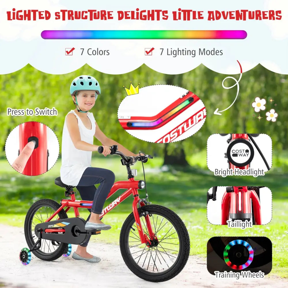 18 Inch Kids Bike with LED Lights Adjustable Carbon Steel Bicycle for 4-8 Years Old-18 inches - Red - Kids Bike