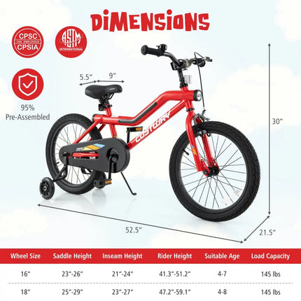 18 Inch Kids Bike with LED Lights Adjustable Carbon Steel Bicycle for 4-8 Years Old-18 inches - Red - Kids Bike