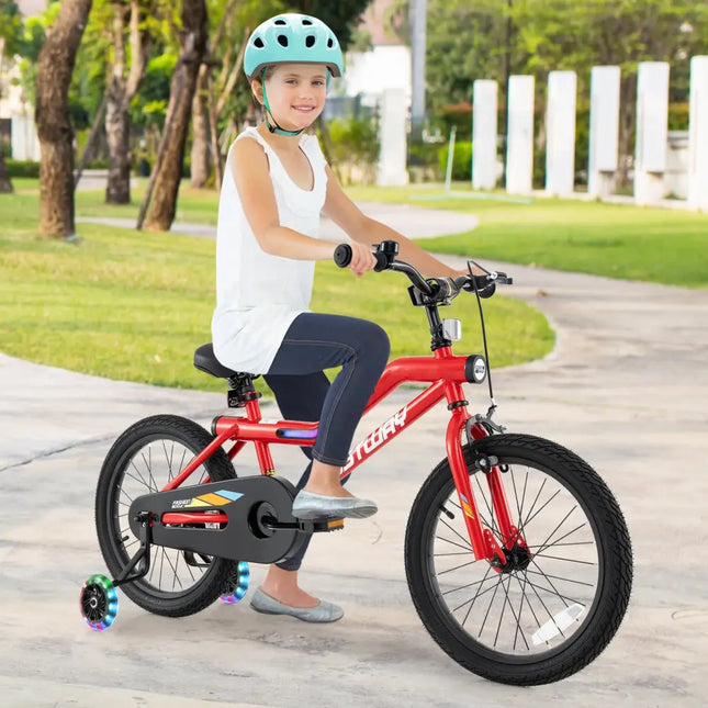 18 Inch Kids Bike with LED Lights Adjustable Carbon Steel Bicycle for 4-8 Years Old-18 inches - Red - Kids Bike