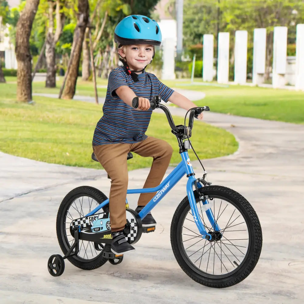 18 Inch Kids Bike with Removable Training Wheels for Aged 4-8 Years Old - Blue - Kids Bike