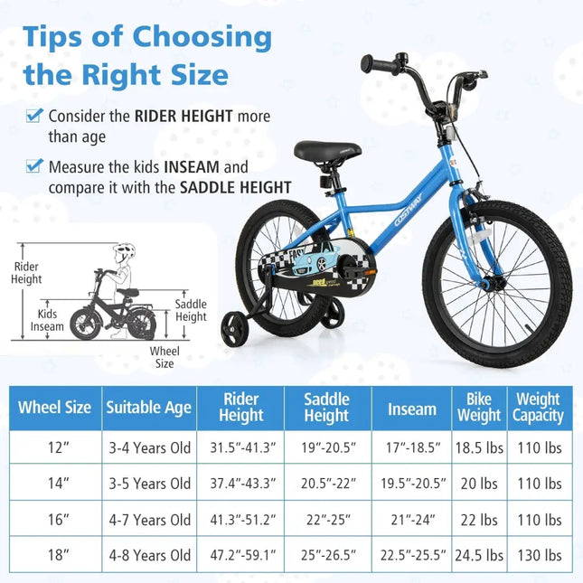 18 Inch Kids Bike with Removable Training Wheels for Aged 4 - 8 Years Old - Oasis Home Essentials