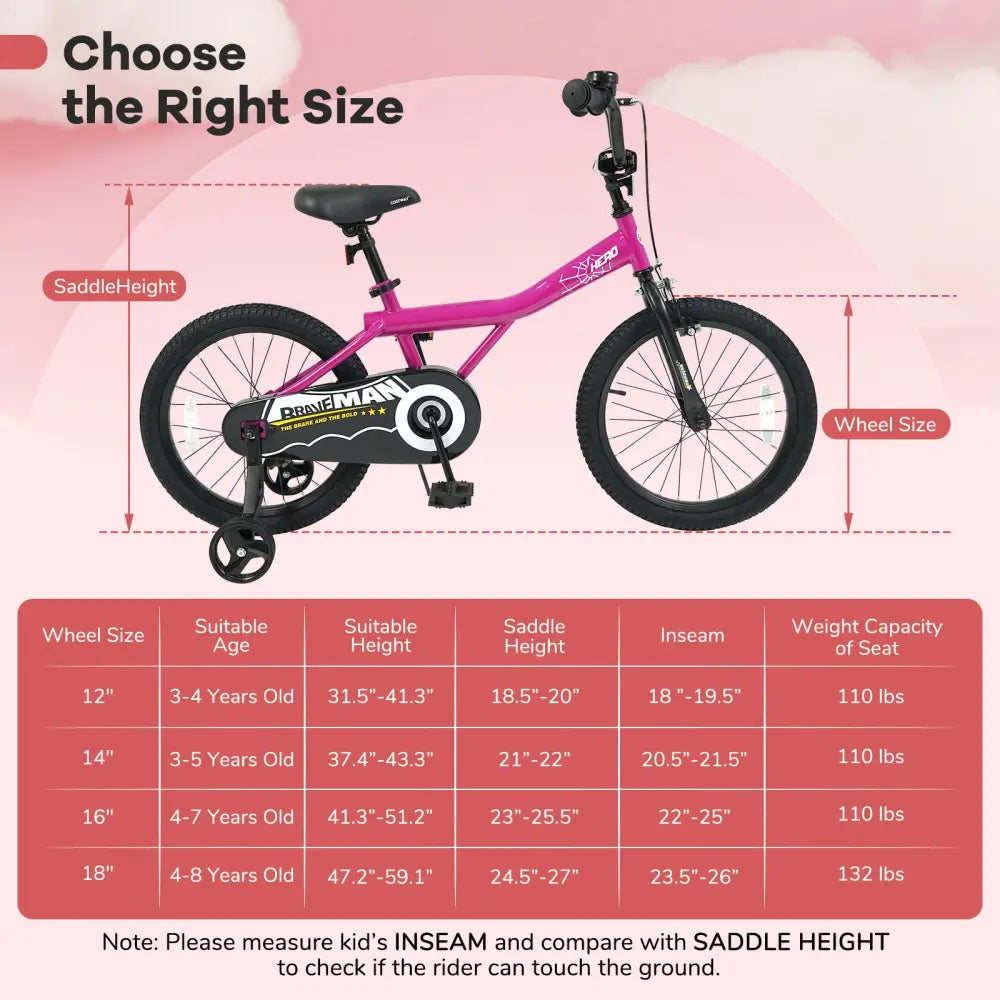 18-Inch Kids Bike with Removable Training Wheels Pink-Brave Hero - Kids Bike