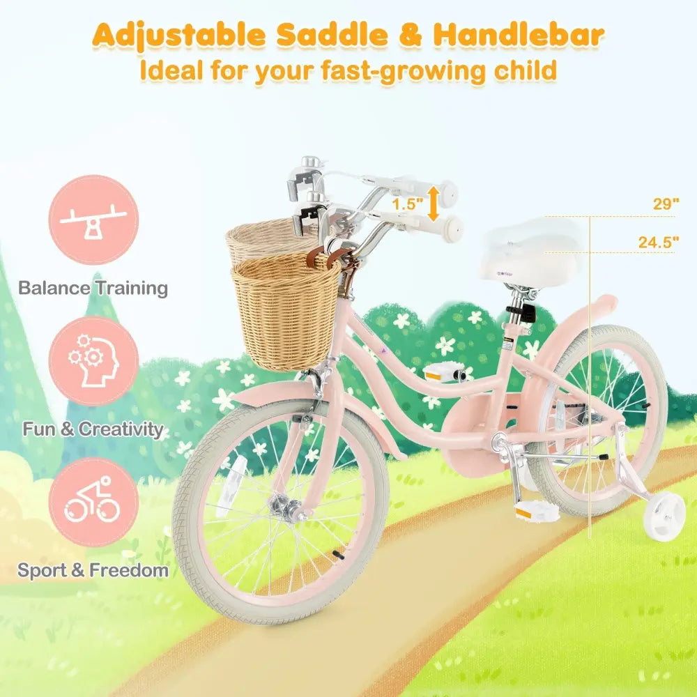 18 - Inch Kids Bike with Training Wheels and Adjustable Handlebar Seat - Pink - Oasis Home Essentials