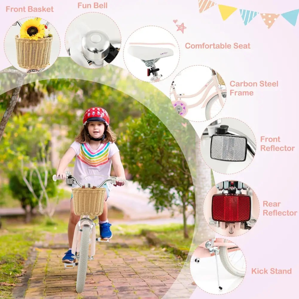 18 - Inch Kids Bike with Training Wheels and Adjustable Handlebar Seat - Pink - Oasis Home Essentials