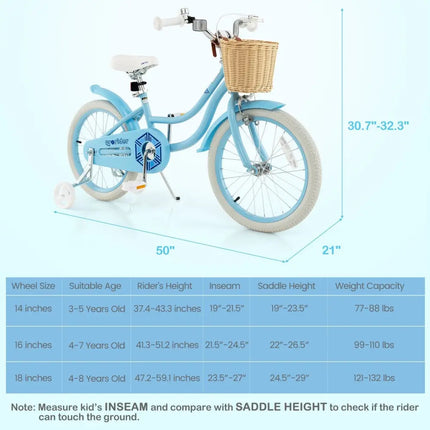 18 - Inch Kids Bike with Training Wheels and Adjustable Handlebar Seat - Blue - Oasis Home Essentials