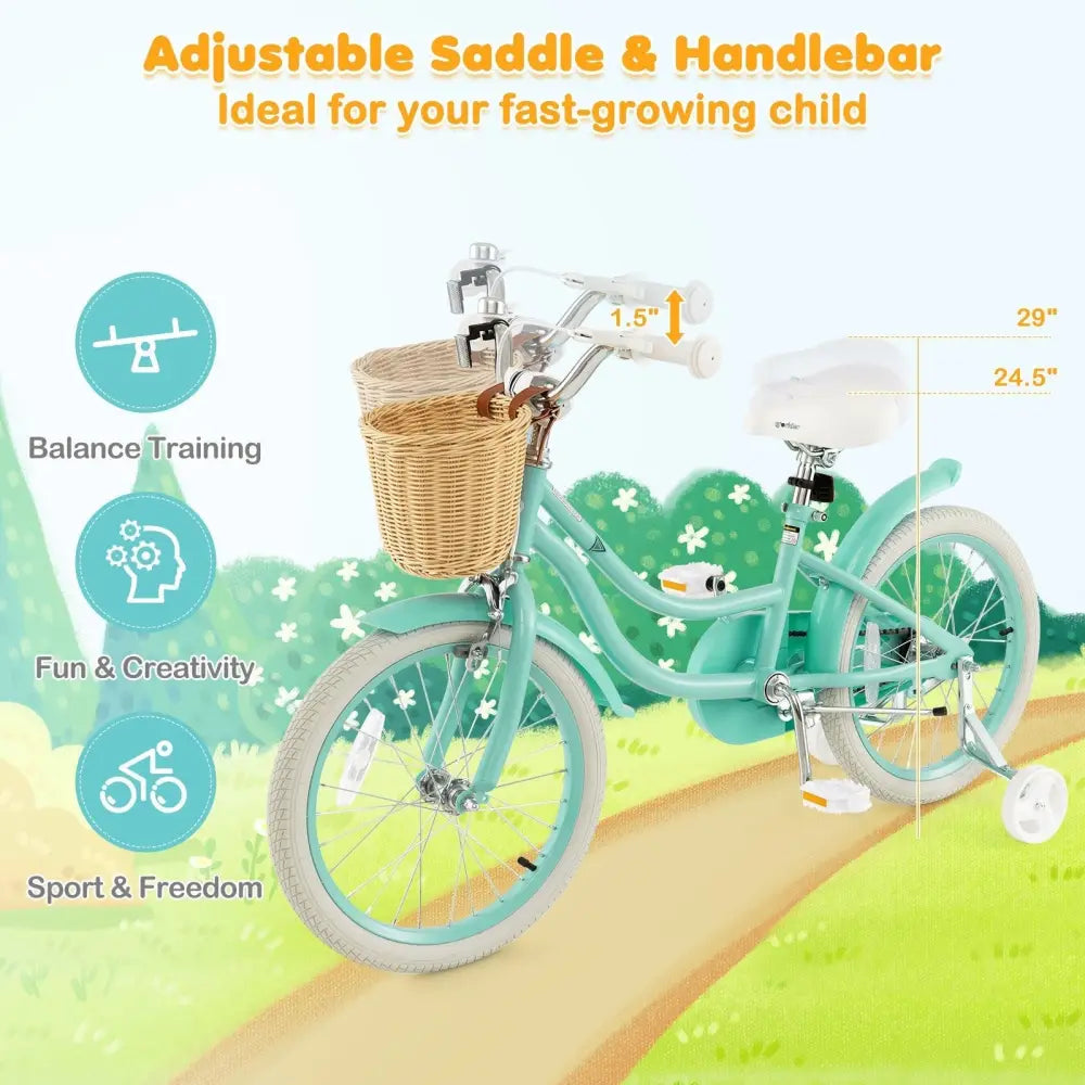 18 - Inch Kids Bike with Training Wheels and Adjustable Handlebar Seat - Green - Oasis Home Essentials