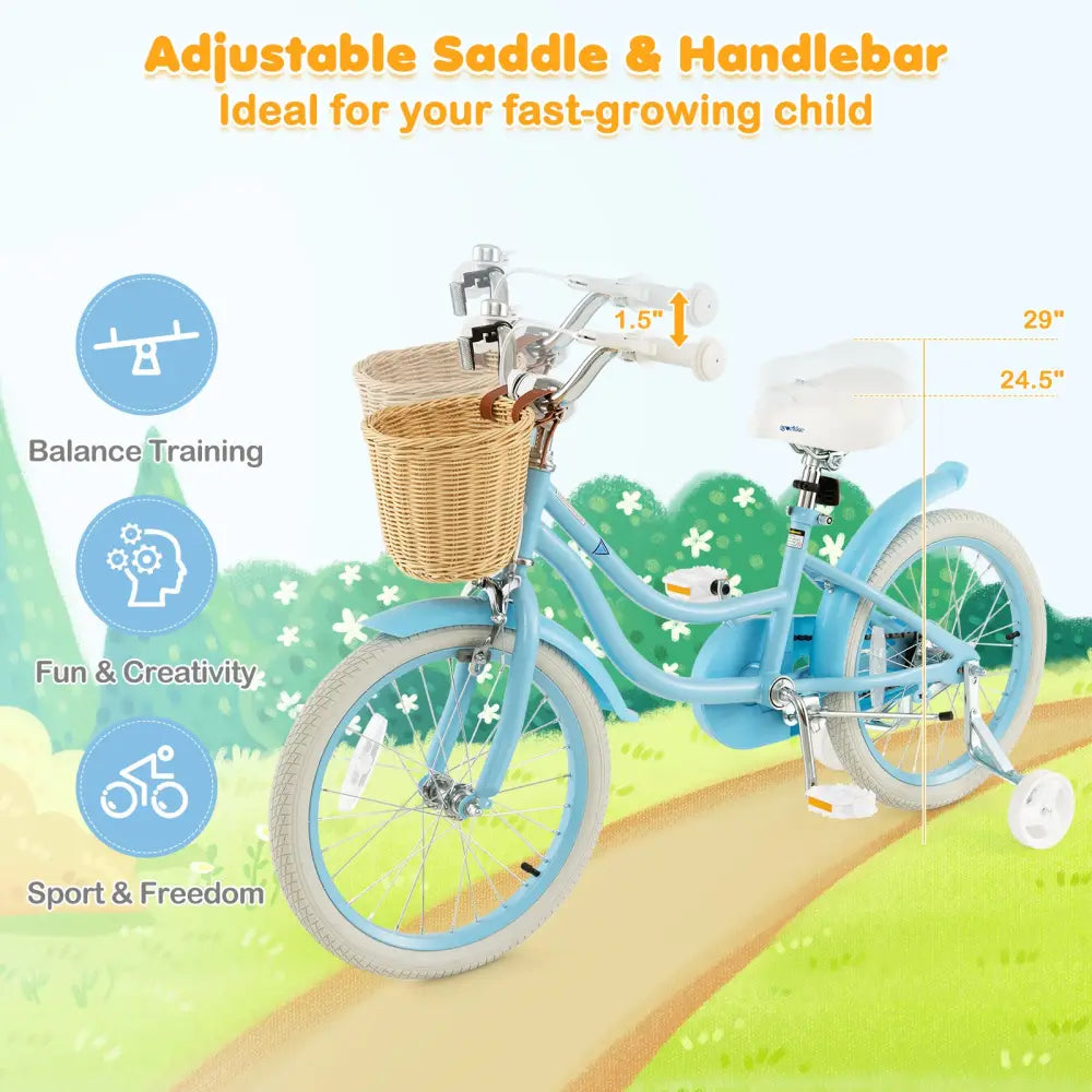 18-Inch Kids Bike with Training Wheels and Adjustable Handlebar Seat-Blue - Blue - Kids Bike
