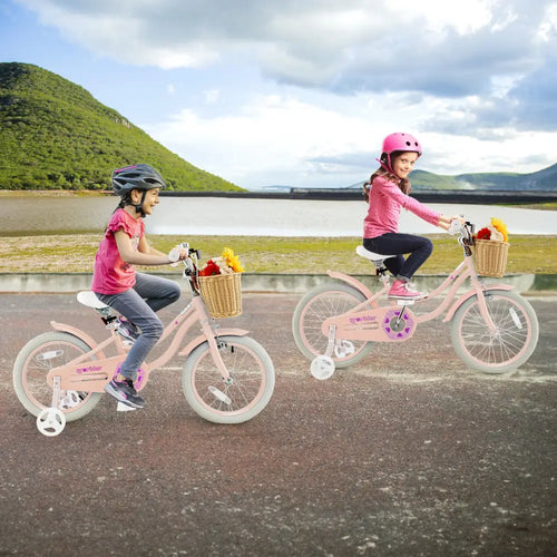 18-Inch Kids Bike with Training Wheels and Adjustable Handlebar Seat-Pink - Pink - Kids Bike