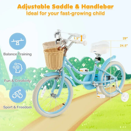18 - Inch Kids Bike with Training Wheels and Adjustable Handlebar Seat - Blue - Oasis Home Essentials