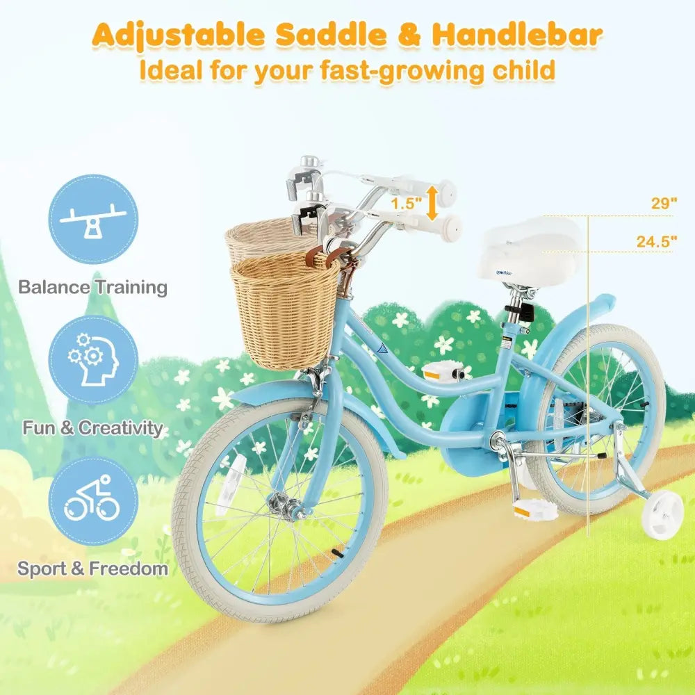 18 - Inch Kids Bike with Training Wheels and Adjustable Handlebar Seat - Blue - Oasis Home Essentials