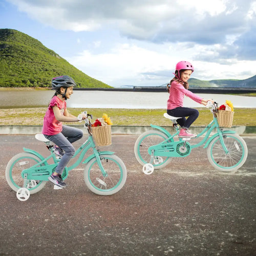 18-Inch Kids Bike with Training Wheels and Adjustable Handlebar Seat-Green - Green - Kids Bike