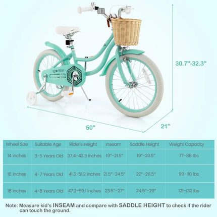 18 - Inch Kids Bike with Training Wheels and Adjustable Handlebar Seat - Green - Oasis Home Essentials