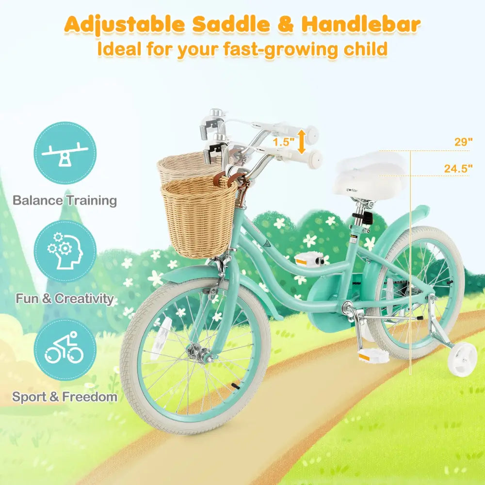 18-Inch Kids Bike with Training Wheels and Adjustable Handlebar Seat-Green - Green - Kids Bike