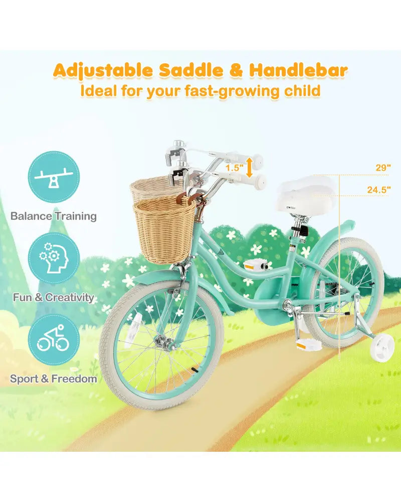 18-Inch Kids Bike with Training Wheels and Adjustable Handlebar Seat-Green - Green - Kids Bike