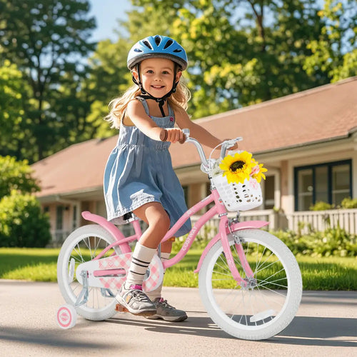 18 Inch Kids Bike with Training Wheels and Basket for Boys Girls 4-8 Years Old-18 inches - Peach - Kids Bike