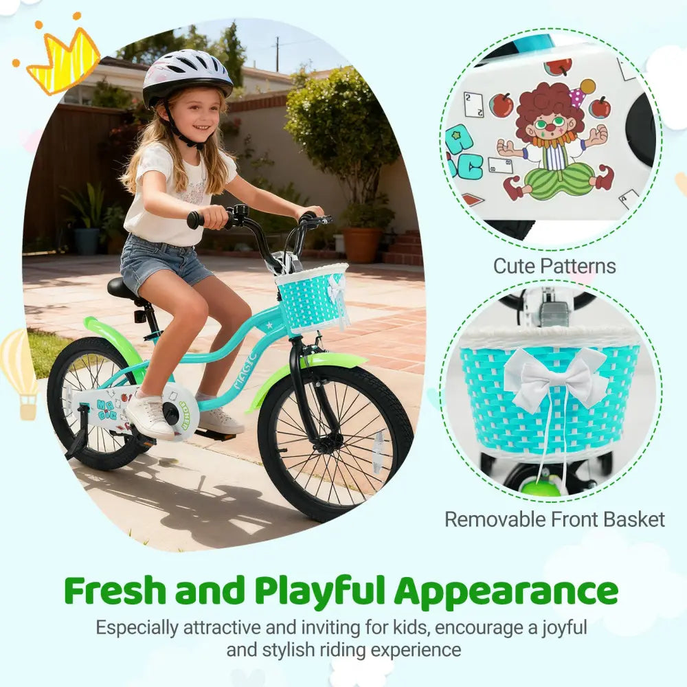 18 Inch Kids Bike with Training Wheels and Basket Green Color - Kids Bike