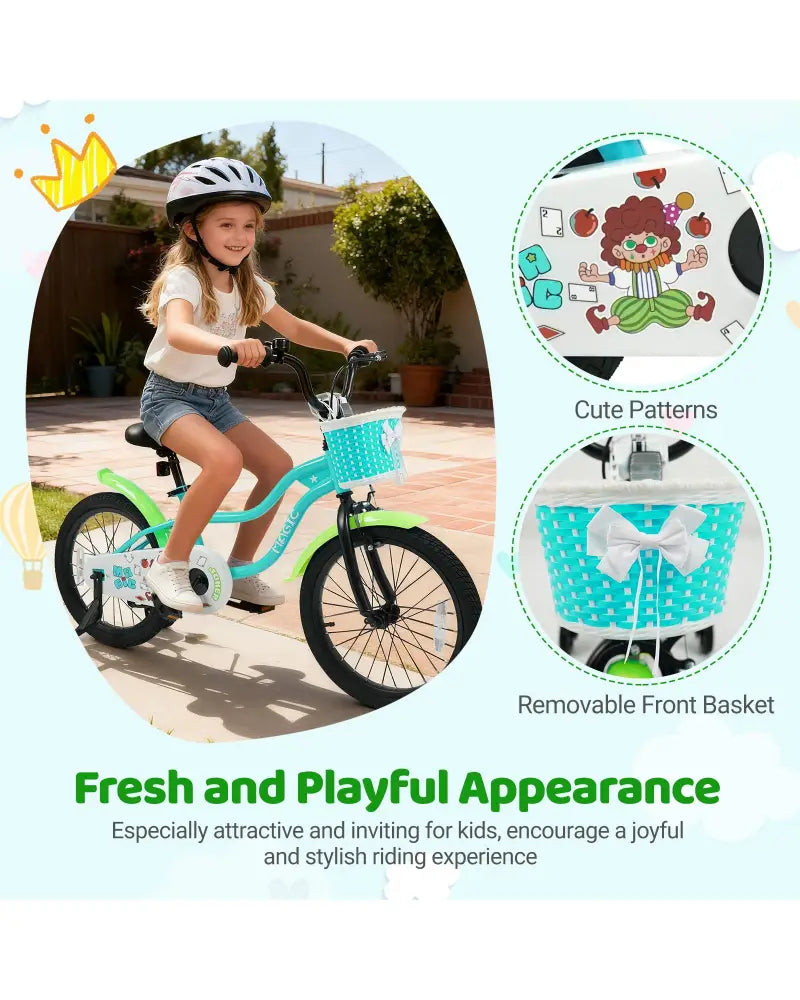 18 Inch Kids Bike with Training Wheels and Basket Green Color - Kids Bike