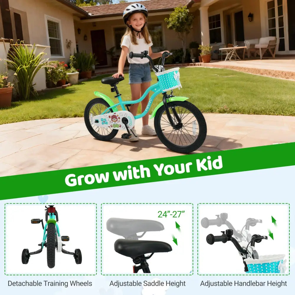 18 Inch Kids Bike with Training Wheels and Basket Green Color - Kids Bike