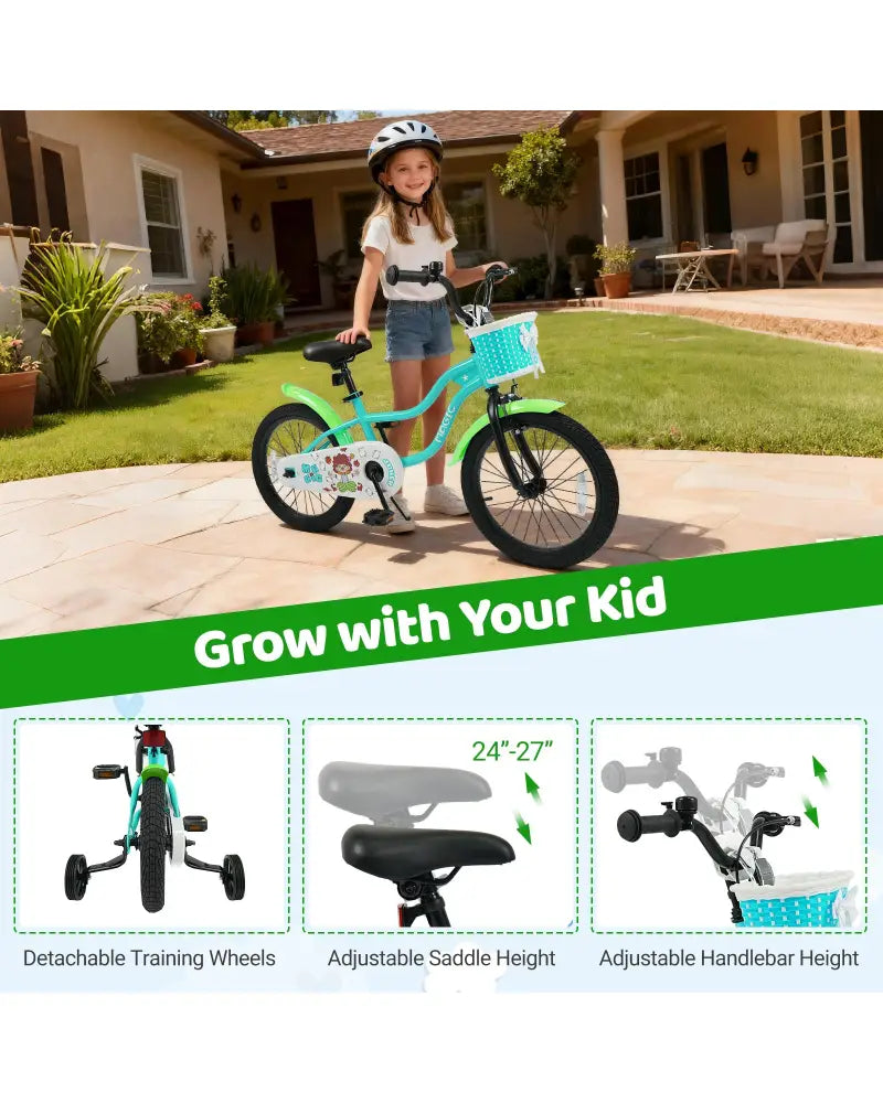 18 Inch Kids Bike with Training Wheels and Basket Green Color - Kids Bike