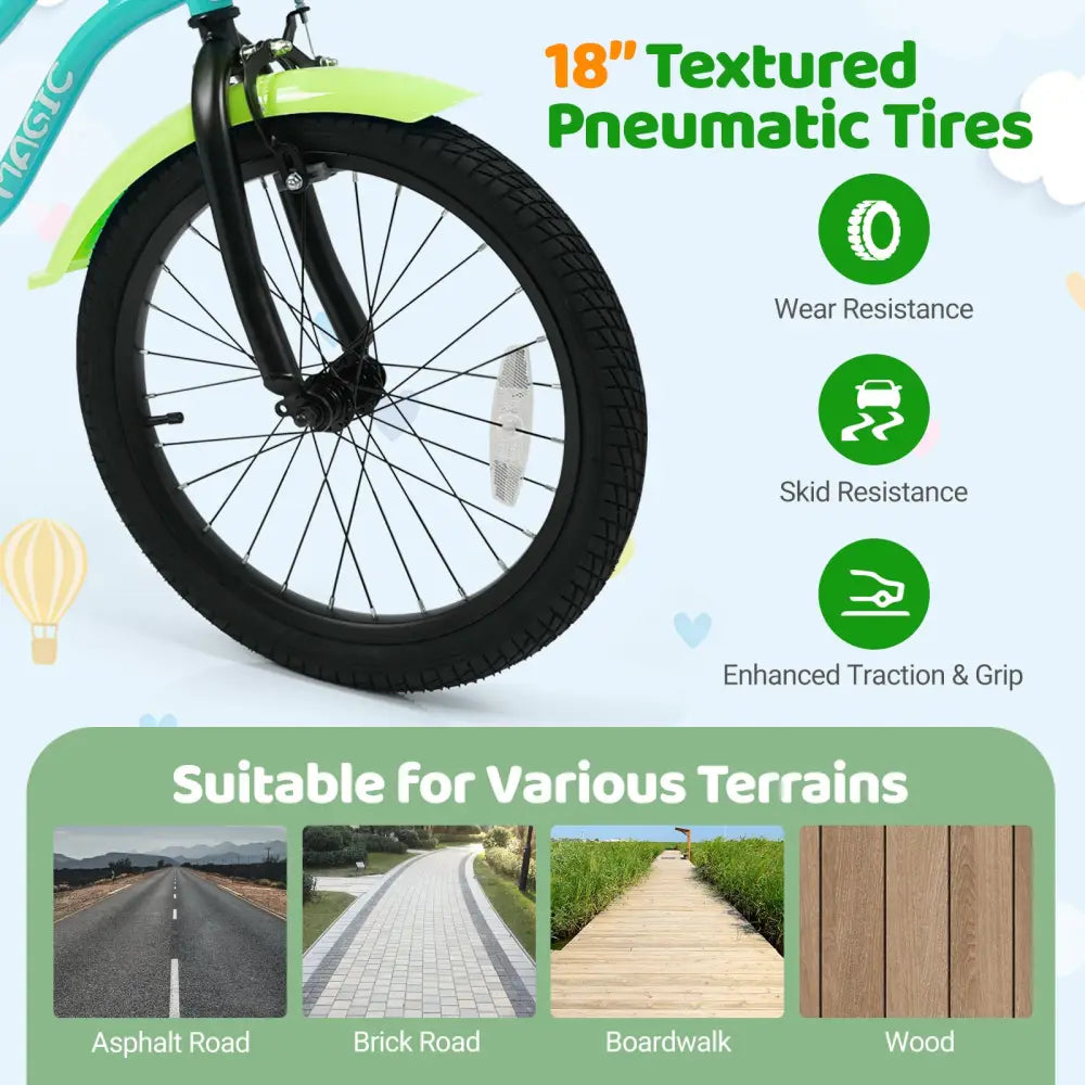 18 Inch Kids Bike with Training Wheels and Basket Green Color - Kids Bike