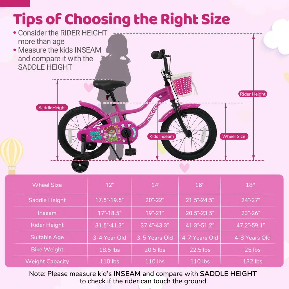 18 Inch Kids Bike with Training Wheels for Aged 3-8 Years Old - Magic Rose - Rose Red - Kids Bike