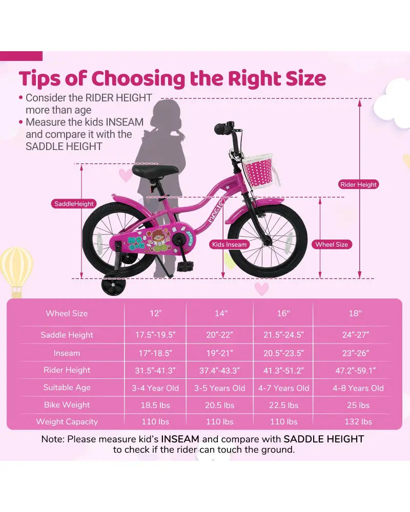 18 Inch Kids Bike with Training Wheels for Aged 3-8 Years Old - Magic Rose - Rose Red - Kids Bike