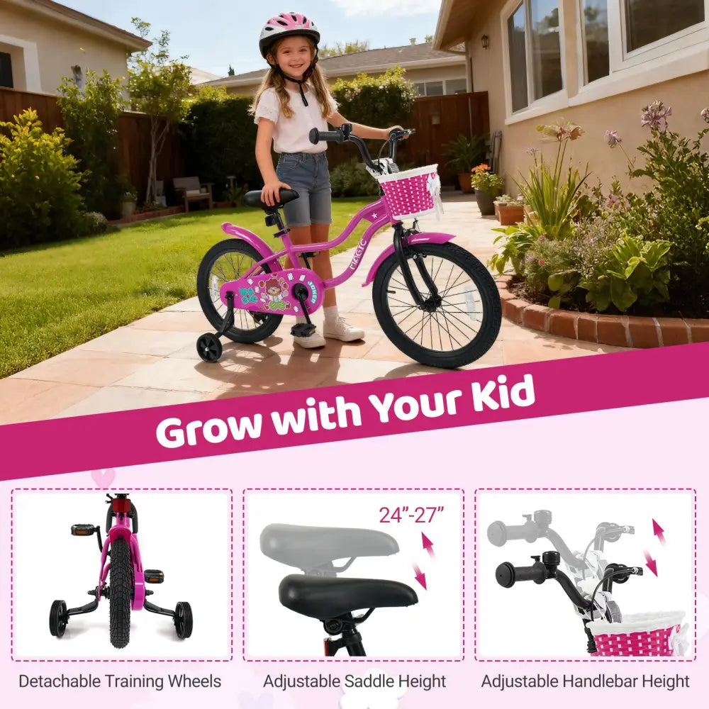 18 Inch Kids Bike with Training Wheels for Aged 3-8 Years Old - Magic Rose - Rose Red - Kids Bike