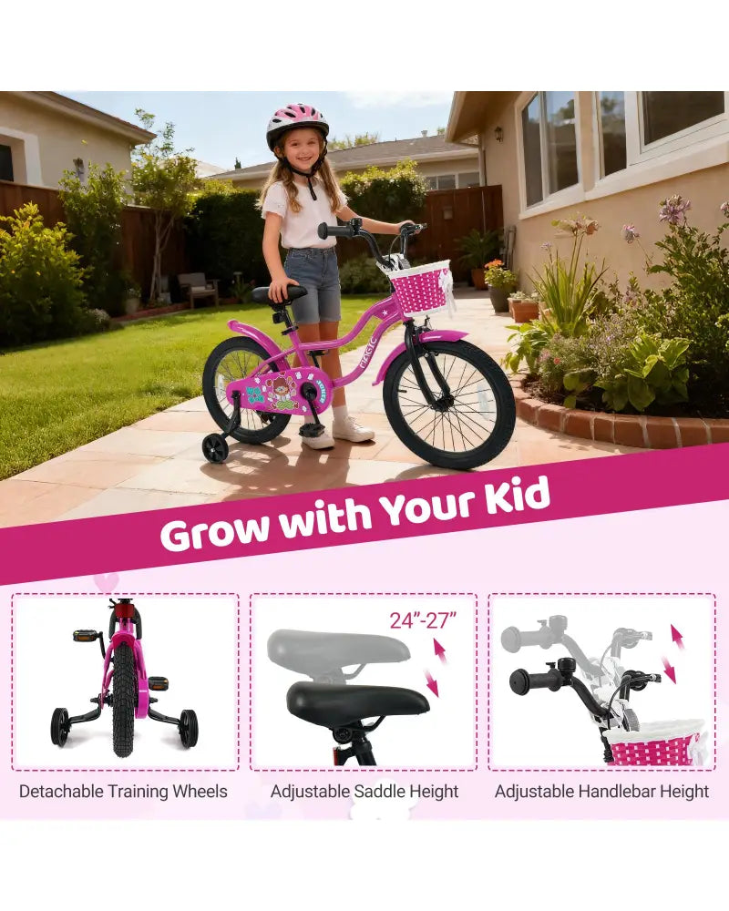18 Inch Kids Bike with Training Wheels for Aged 3-8 Years Old - Magic Rose - Rose Red - Kids Bike