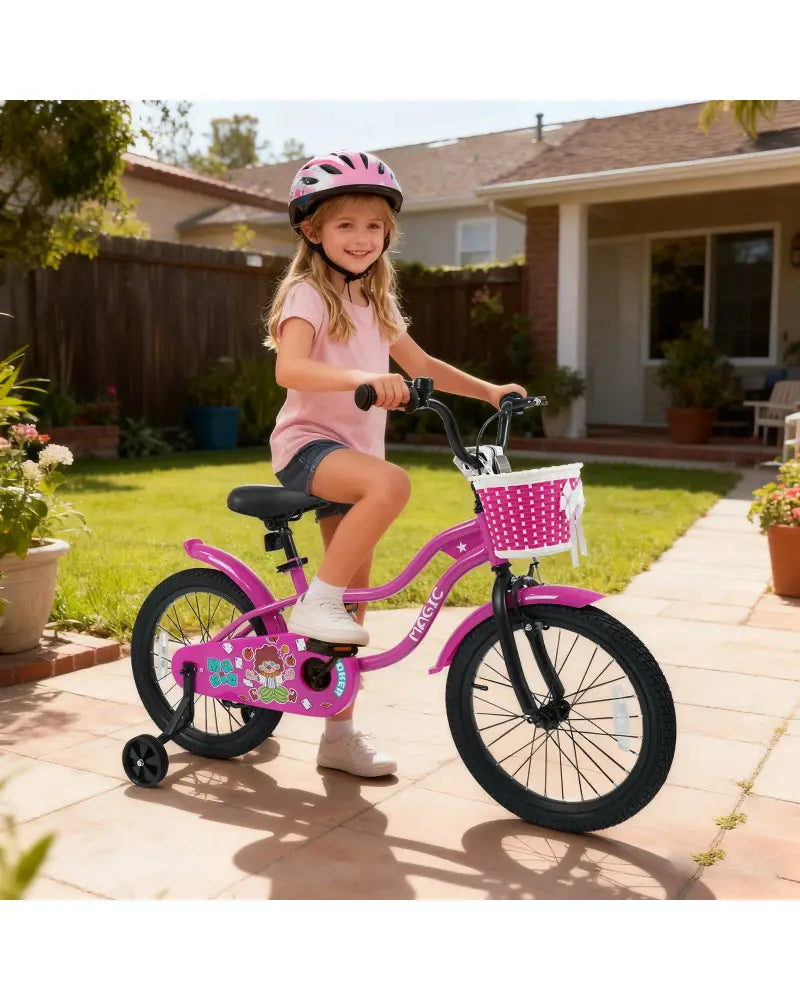 18 Inch Kids Bike with Training Wheels for Aged 3-8 Years Old - Magic Rose - Rose Red - Kids Bike