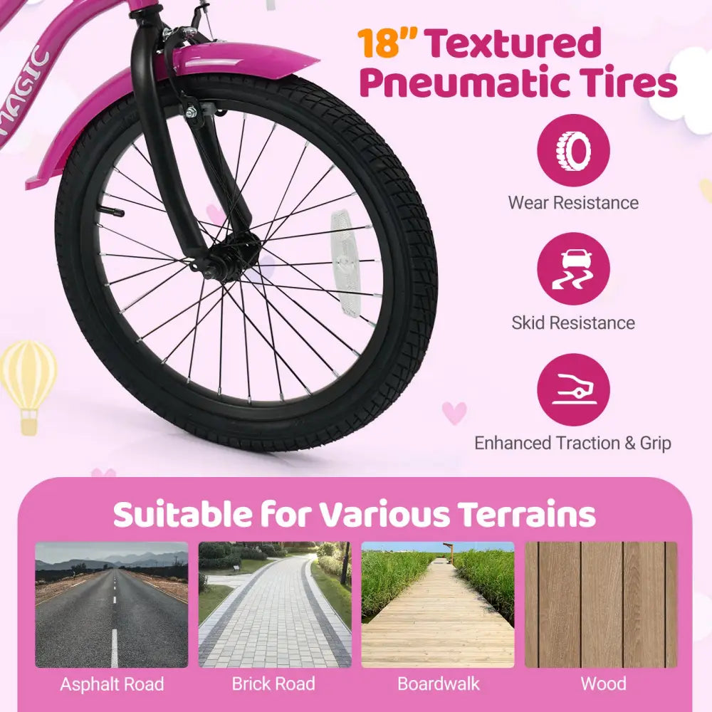 18 Inch Kids Bike with Training Wheels for Aged 3-8 Years Old - Magic Rose - Rose Red - Kids Bike