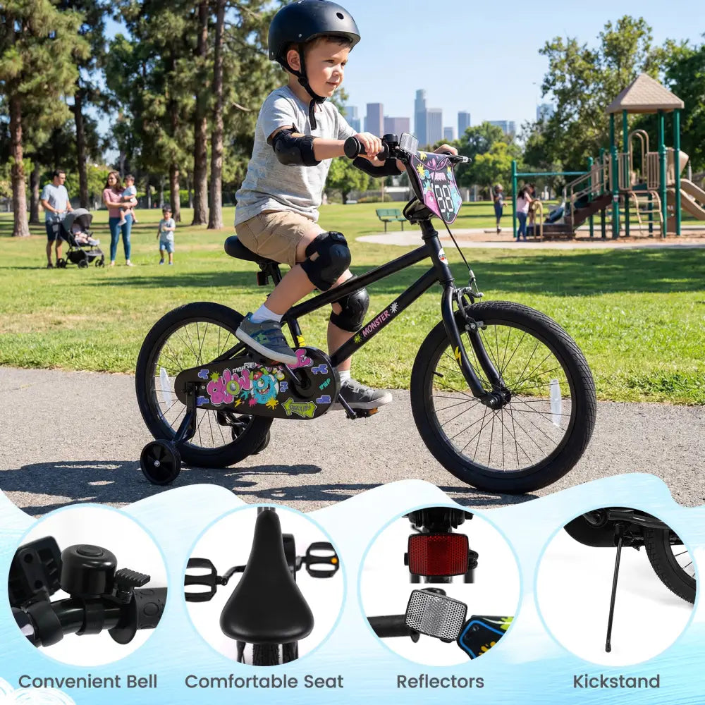 18 Inch Kids Bike with Training Wheels for Ages 4-8 Years Old Black- Street Art Time - Black - Kids Bike