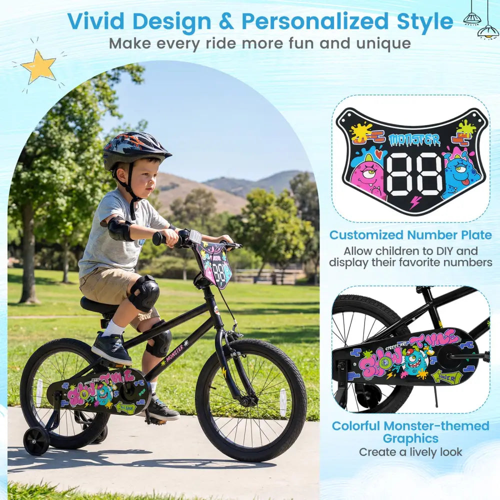 18 Inch Kids Bike with Training Wheels for Ages 4-8 Years Old Black- Street Art Time - Black - Kids Bike