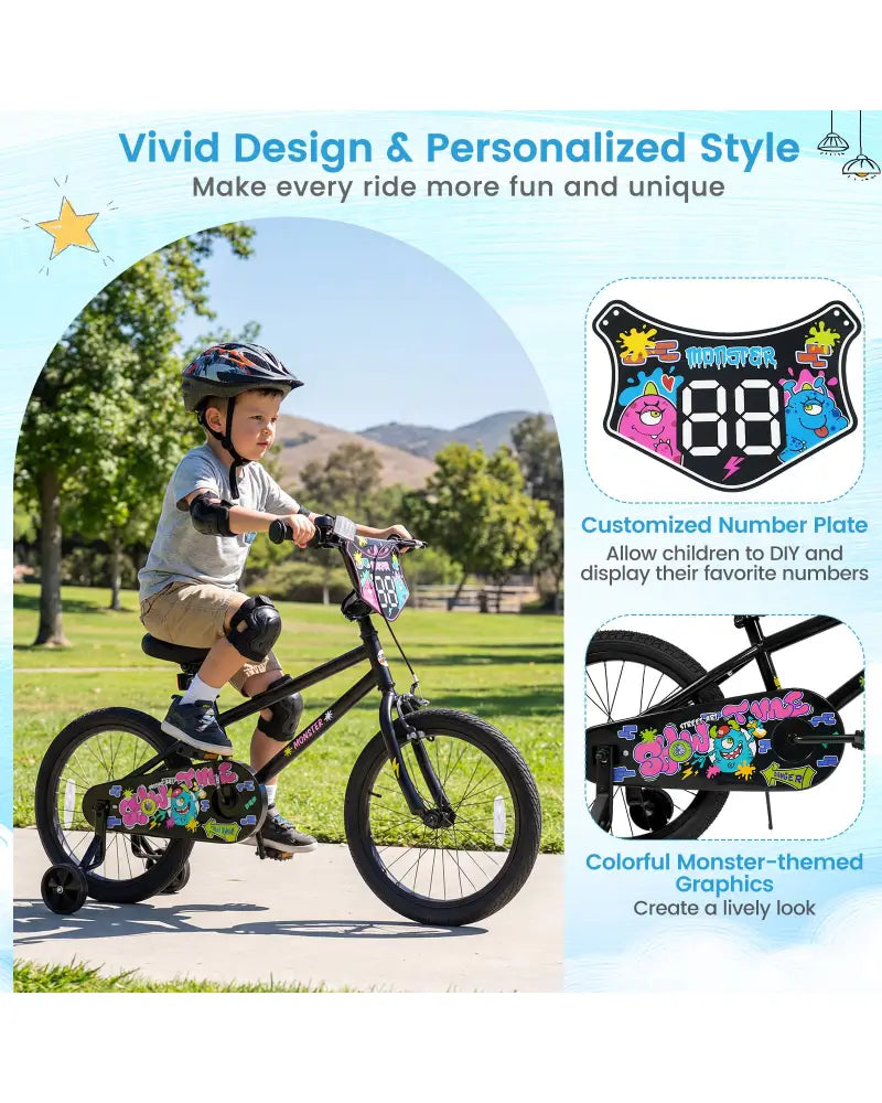 18 Inch Kids Bike with Training Wheels for Ages 4-8 Years Old Black- Street Art Time - Black - Kids Bike