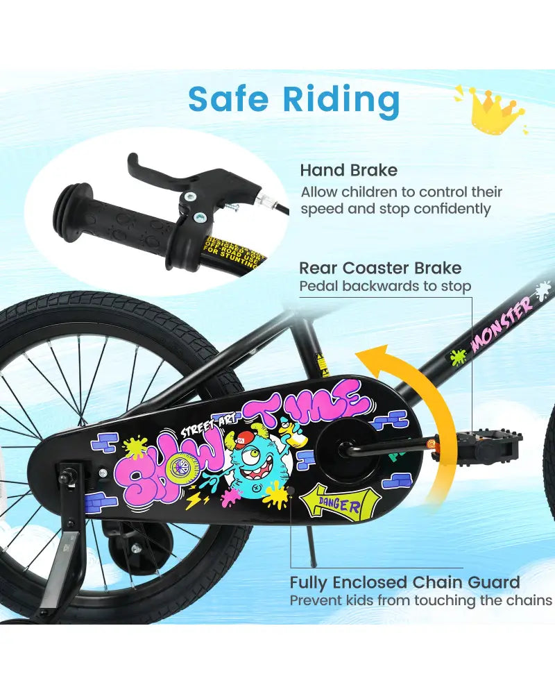 18 Inch Kids Bike with Training Wheels for Ages 4-8 Years Old Black- Street Art Time - Black - Kids Bike