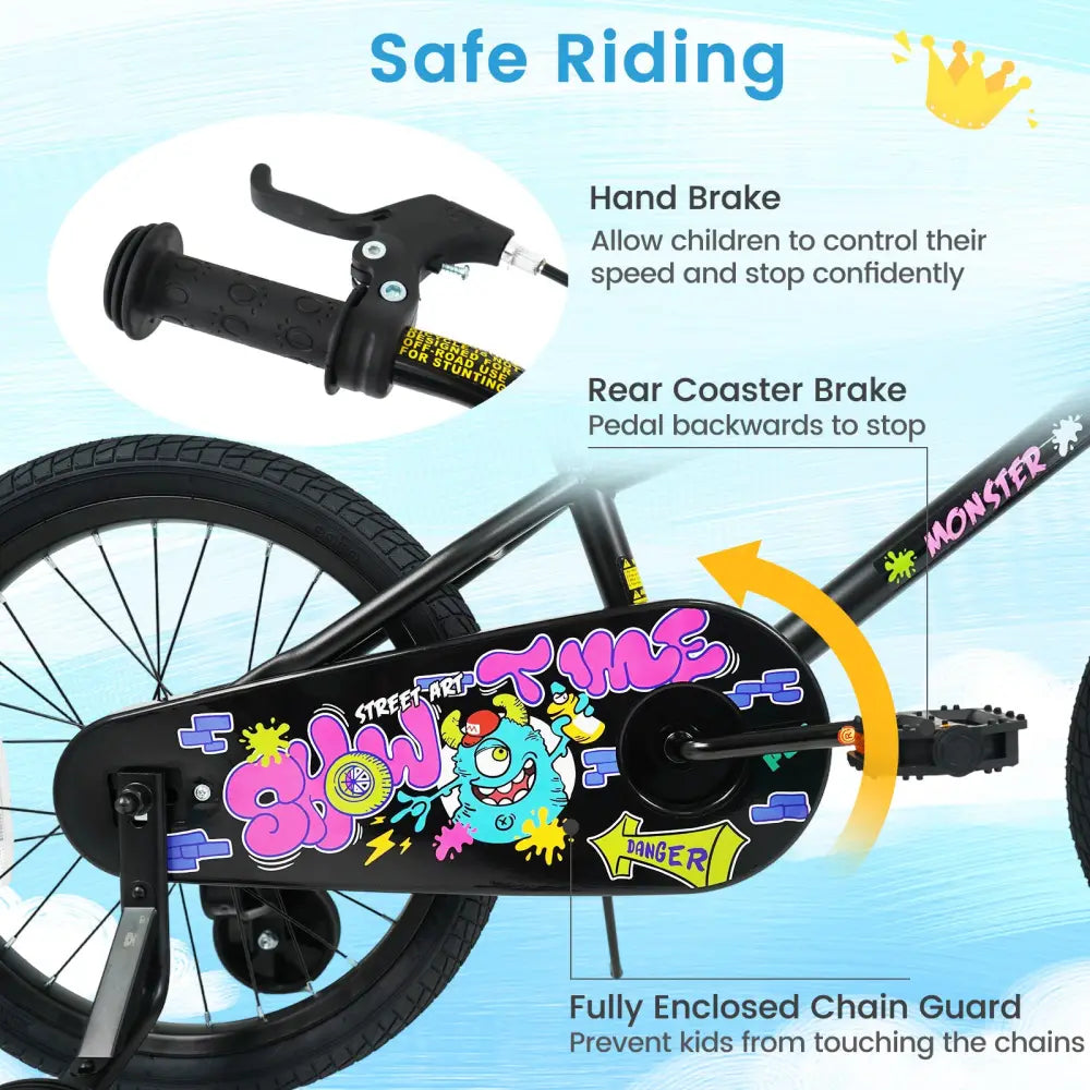18 Inch Kids Bike with Training Wheels for Ages 4-8 Years Old Black- Street Art Time - Black - Kids Bike