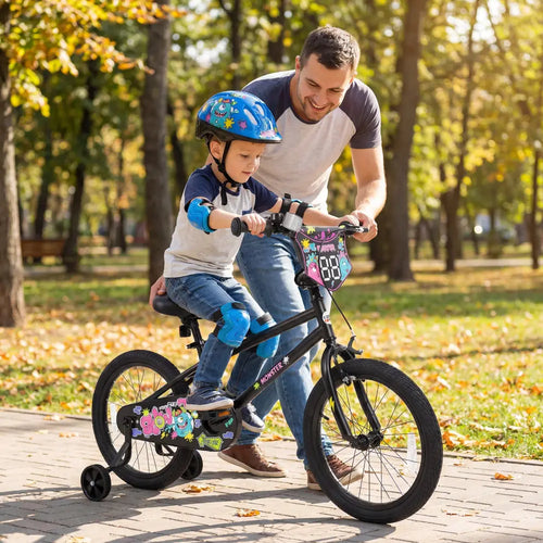 18 Inch Kids Bike with Training Wheels for Ages 4-8 Years Old Black- Street Art Time - Black - Kids Bike