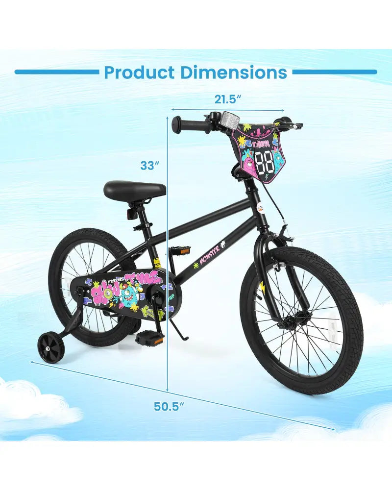18 Inch Kids Bike with Training Wheels for Ages 4-8 Years Old Black- Street Art Time - Black - Kids Bike