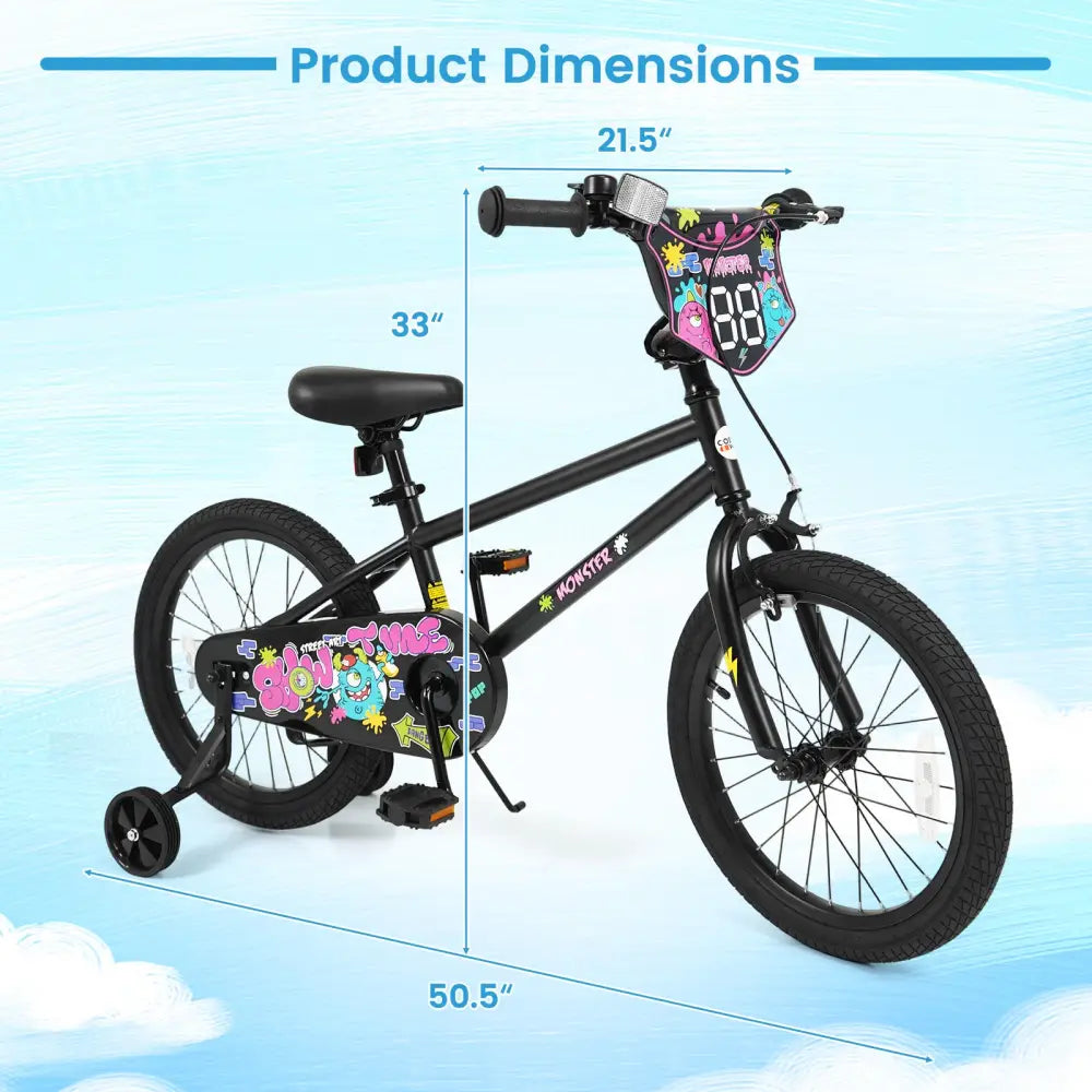 18 Inch Kids Bike with Training Wheels for Ages 4-8 Years Old Black- Street Art Time - Black - Kids Bike