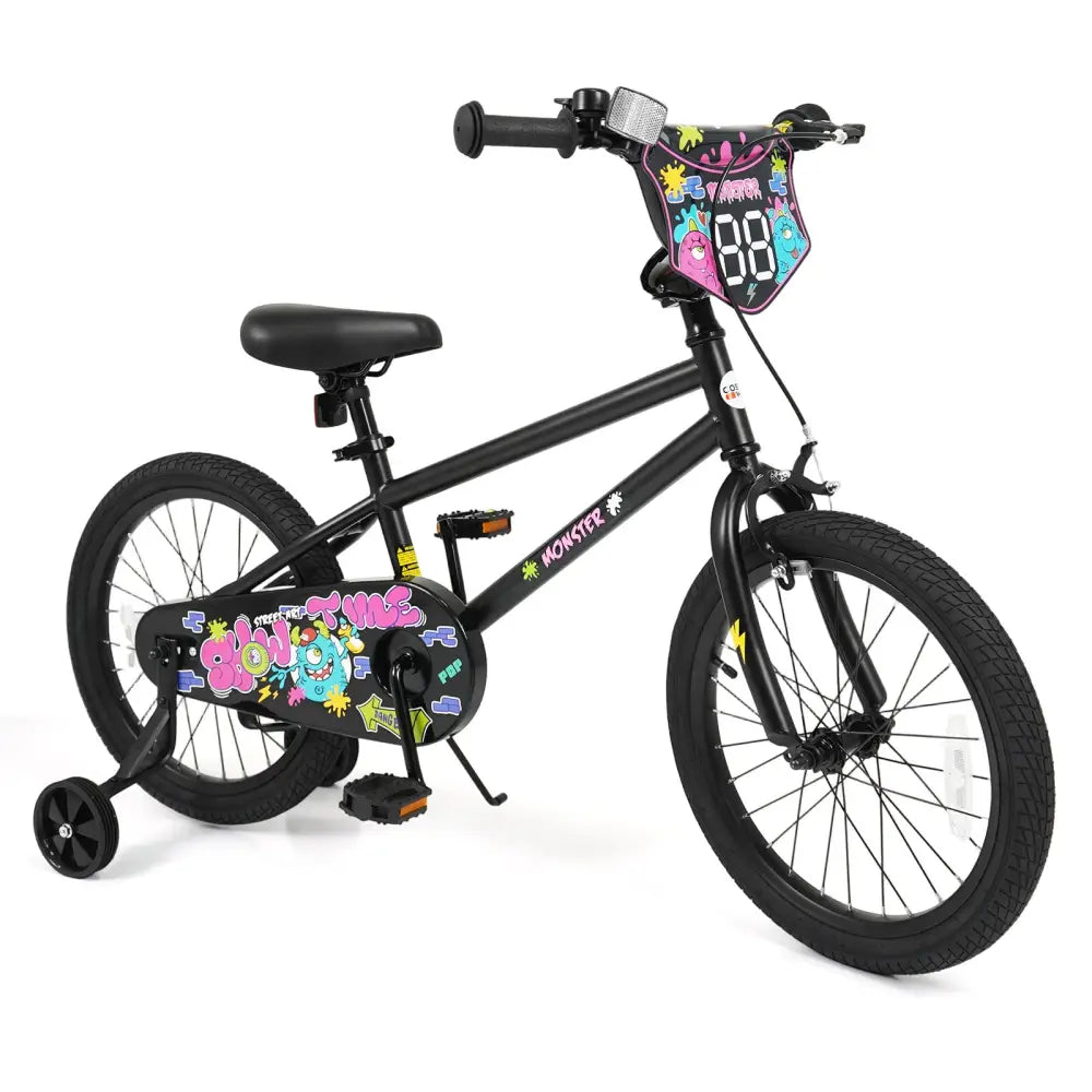 18 Inch Kids Bike with Training Wheels for Ages 4-8 Years Old Black- Street Art Time - Black - Kids Bike