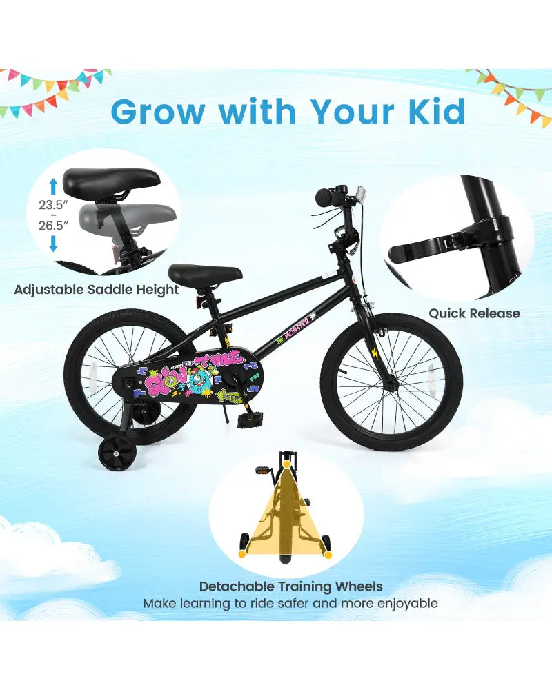 18 Inch Kids Bike with Training Wheels for Ages 4-8 Years Old Black- Street Art Time - Black - Kids Bike