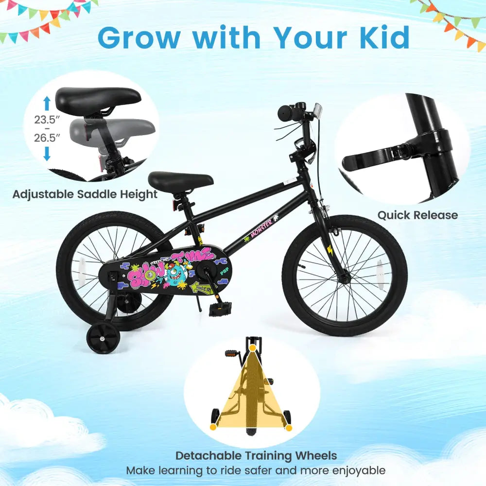 18 Inch Kids Bike with Training Wheels for Ages 4-8 Years Old Black- Street Art Time - Black - Kids Bike
