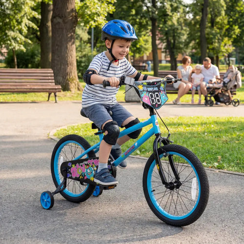 18 Inch Kids Bike with Training Wheels for Ages 4-8 Years Old Blue- Street Art Time - Blue - Kids Bike